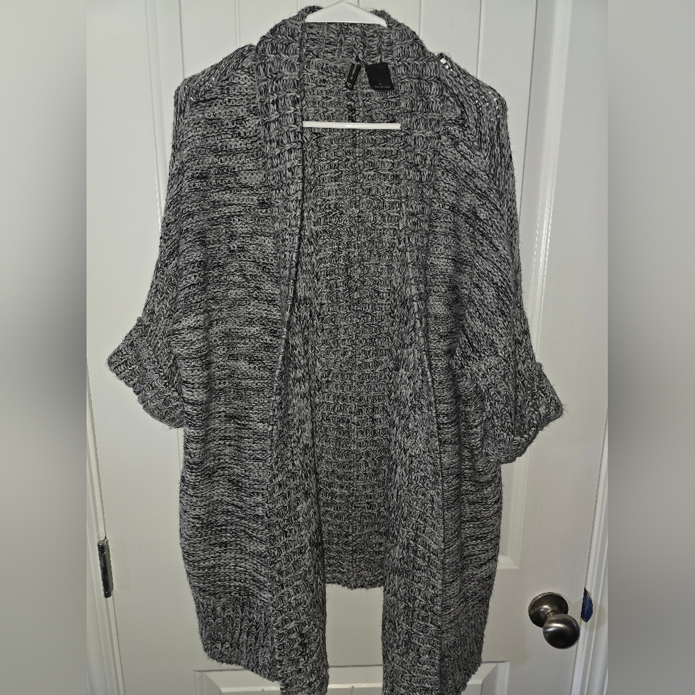 New Directions Open Front Half Sleeve Marbeled Black and White Women's Cardigan